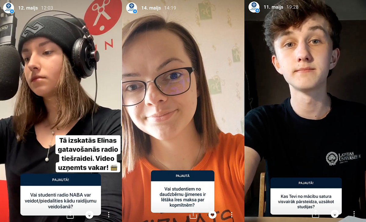 LU studenti nenogurstoši visas nedēļas laikā sniedza atbildes uz studētgribētāju jautājumiem. No kreisās: Elīna, Andra un Andis.